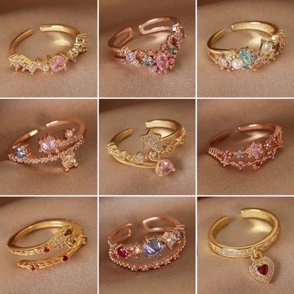 Minimalist Shiny Star Water Droplets Heart Shape Copper Inlay White Gold Plated Gold Plated Zircon Open Rings