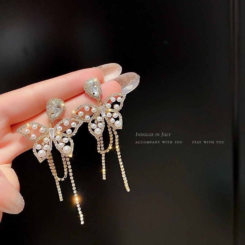 Fashion Flower Butterfly Bow Knot Copper Inlay Artificial Pearls Zircon Drop Earrings 1 Pair
