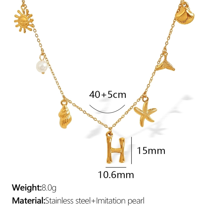 Beach Starfish 304 Stainless Steel Artificial Pearls 18K Gold Plated Polishing Inlay Pendant Necklace