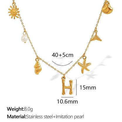 Beach Starfish 304 Stainless Steel Artificial Pearls 18K Gold Plated Polishing Inlay Pendant Necklace