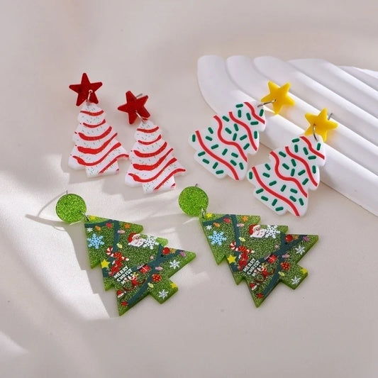 1 Pair Pastoral Christmas Tree Printing Arylic Drop Earrings