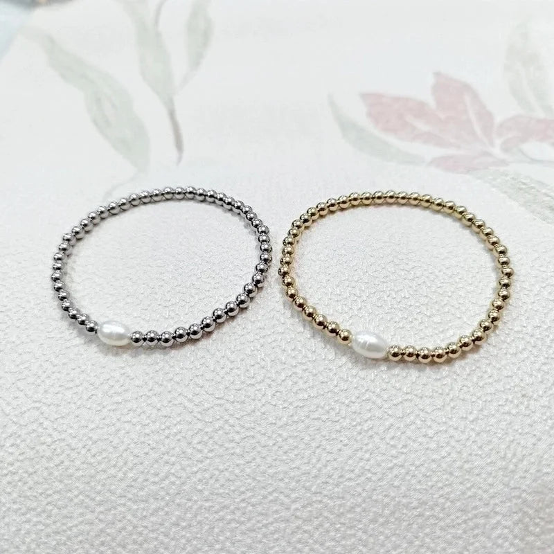 Elegant Round Stainless Steel Freshwater Pearl Plating Gold Plated Bracelets
