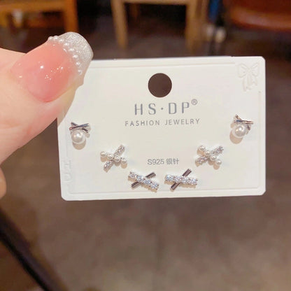 Fashion Geometric Copper Plating Artificial Pearls Zircon Earrings 3 Pairs