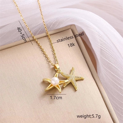 Casual Beach Starfish 304 Stainless Steel Pearl Zircon Plating Inlay Pendant Necklace