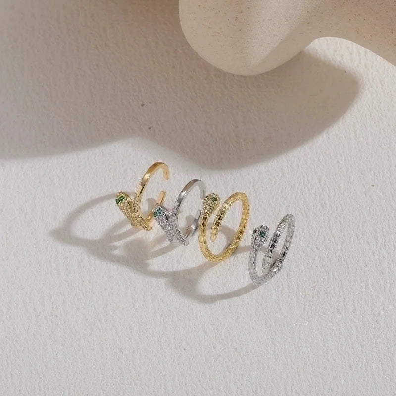 Elegant Snake Lightning Fish Tail Copper Plating Inlay Zircon 14k Gold Plated Open Ring
