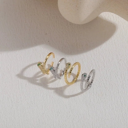 Elegant Snake Lightning Fish Tail Copper Plating Inlay Zircon 14k Gold Plated Open Ring