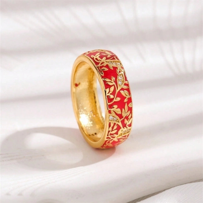 2 Pieces Copper 18K Gold Plated Chinoiserie Vintage Style Lady Epoxy Inlay Round Monogram Zircon Rings