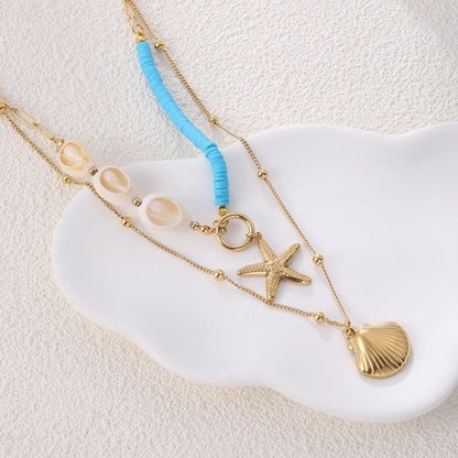 Beach Scallop Starfish Shell 304 Stainless Steel Double Layer Necklaces