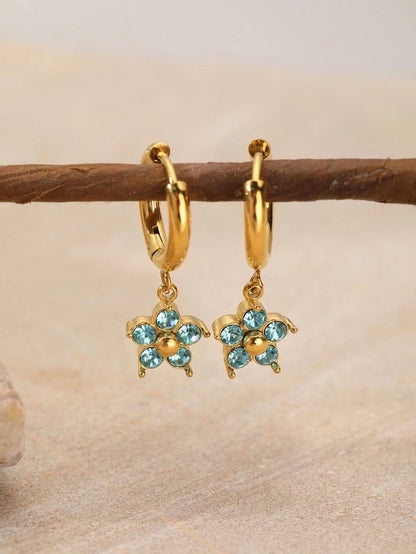1 Pair Elegant Flower Plating Inlay 304 Stainless Steel Rhinestones 18K Gold Plated Drop Earrings