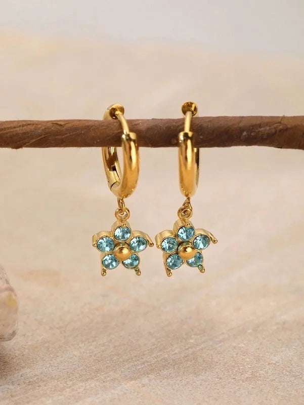 1 Pair Elegant Flower Plating Inlay 304 Stainless Steel Rhinestones 18K Gold Plated Drop Earrings