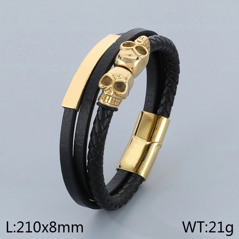 Business Skull 304 Stainless Steel Leather Layered Plating 18K Gold Plated Halloween Men's Bangle