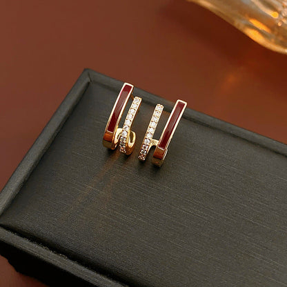 Luxurious Stripe Quadrilateral Round Leaf Bowknot Geometric Heart Droplet Copper Oil Dripping Earrings