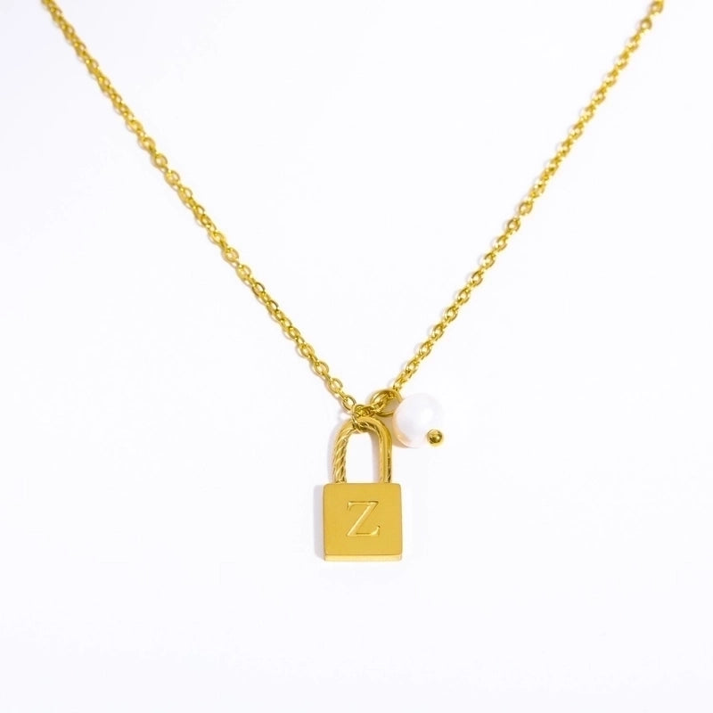 201 Stainless Steel 304 Stainless Steel Glass Gold Plated Casual Minimalist Pearl Plating Letter Lock Pendant Necklace