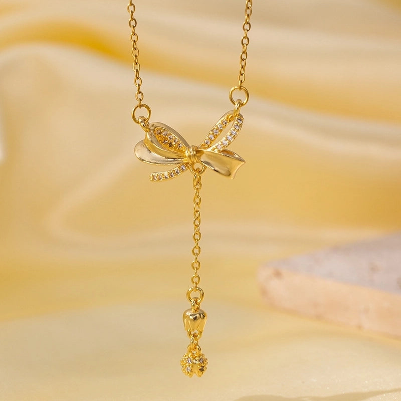 Titanium Steel Copper Plating Heart Shape Flower Bow Knot Pendant Necklace