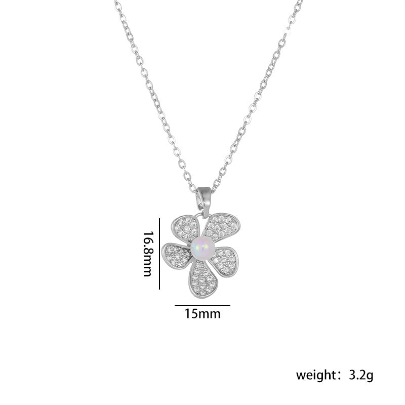 Titanium Steel Copper IG Style Shiny Plating Hollow Out Inlay Flower Pearl Zircon Pendant Necklace
