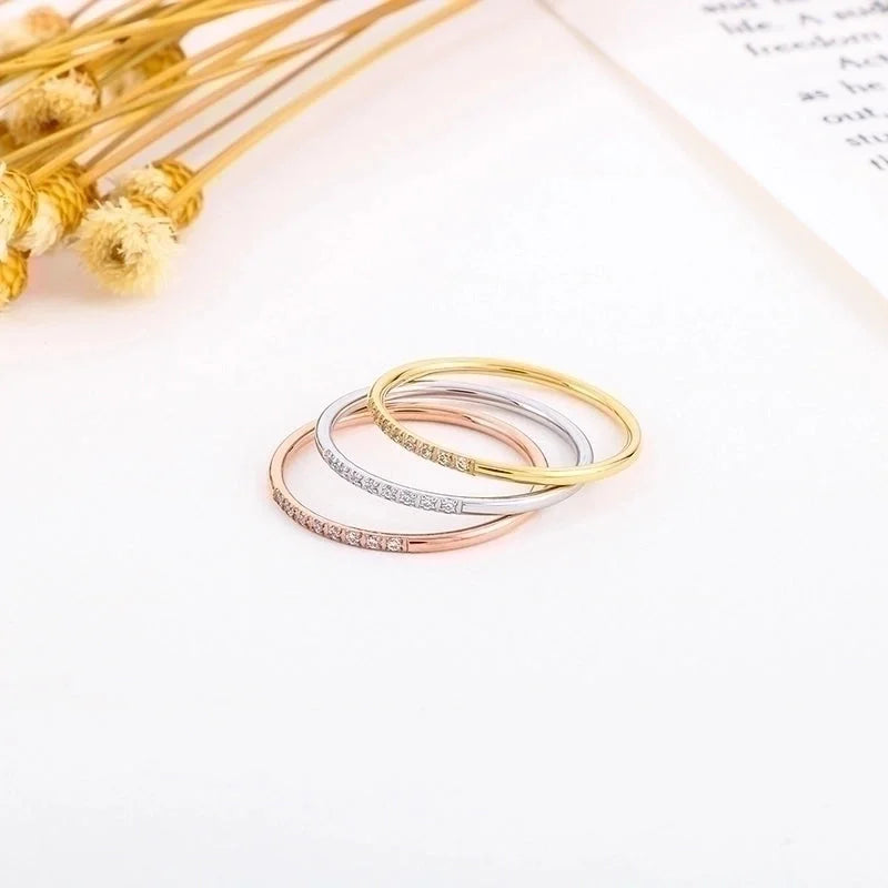 Minimalist Solid Color Titanium Steel Rhinestones 18K Gold Plated Inlay Rings