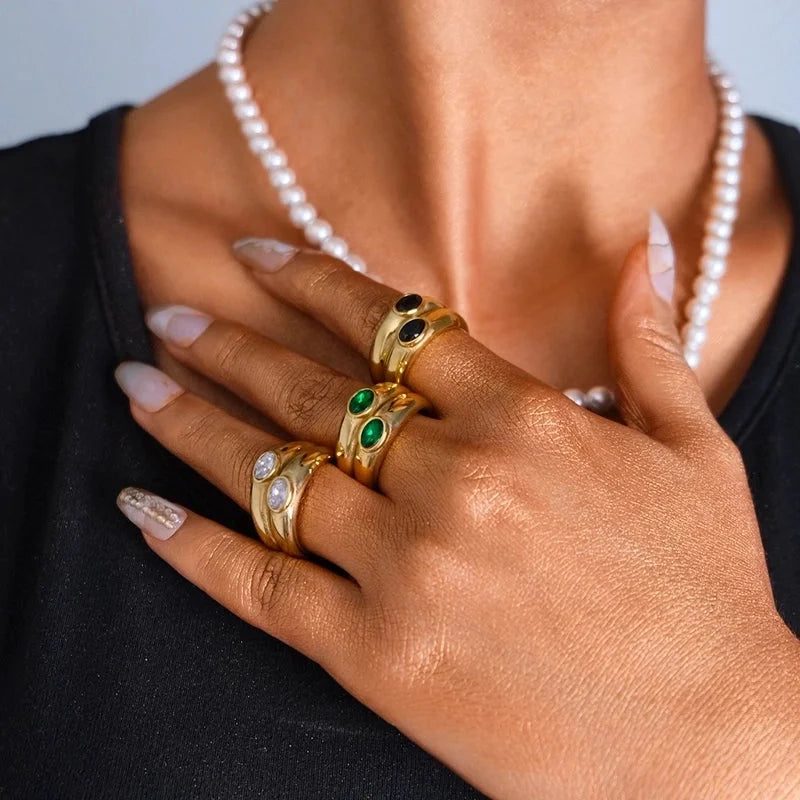 304 Stainless Steel 14K Gold Plated Vacation Plating Inlay Round Zircon Rings