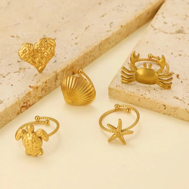 Marine Style Minimalist Starfish Crab Shell Titanium Steel 18K Gold Plated Open Rings