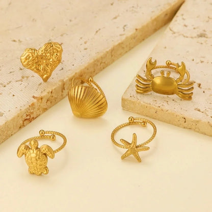 Marine Style Minimalist Starfish Crab Shell Titanium Steel 18K Gold Plated Open Rings