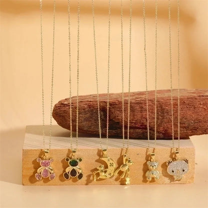 Minimalist Little Bear Copper Plating Inlay Zircon 14k Gold Plated Pendant Necklace