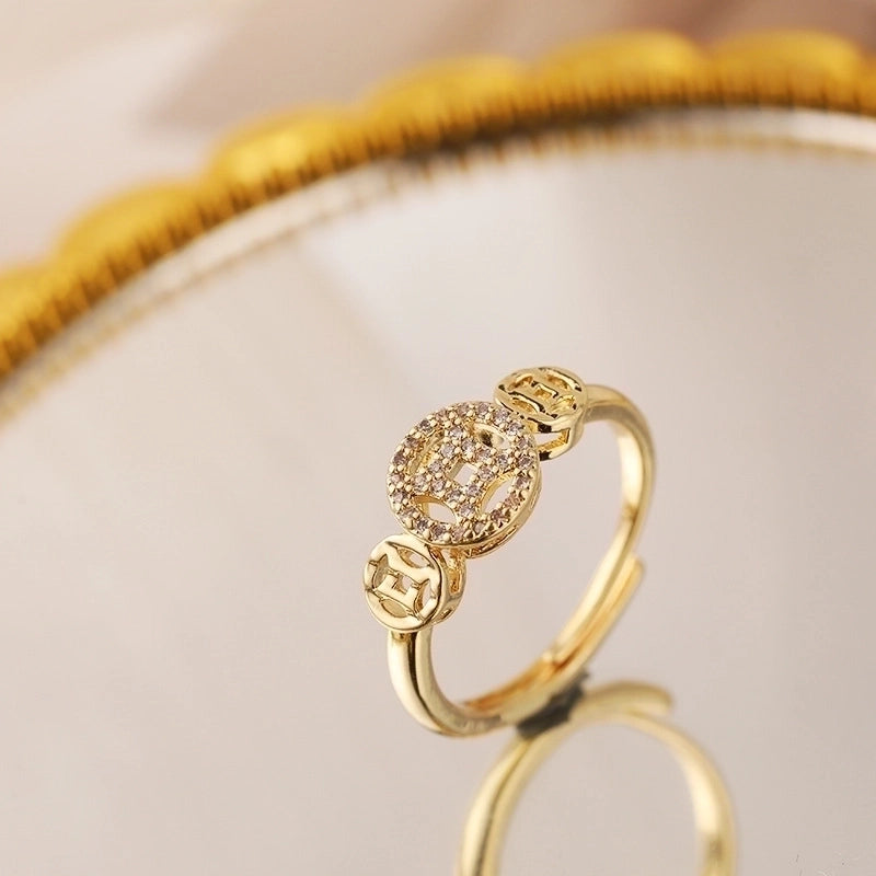 Classic Style Geometric Copper Plating Inlay Zircon 18k Gold Plated Open Ring