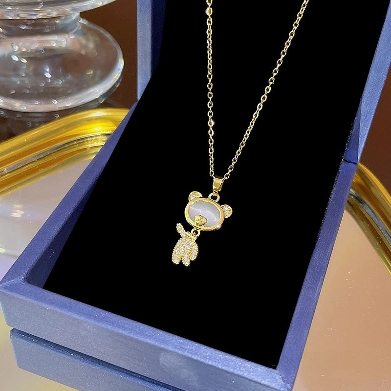 Elegant Classic Style Geometric Moon Bow Knot Titanium Steel Zircon Pendant Necklace