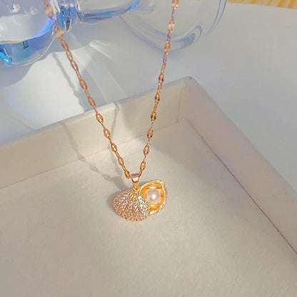Elegant Shell 304 Stainless Steel Copper Artificial Pearls Zircon 18K Gold Plated K Gold Plated Plating Inlay Pendant Necklace
