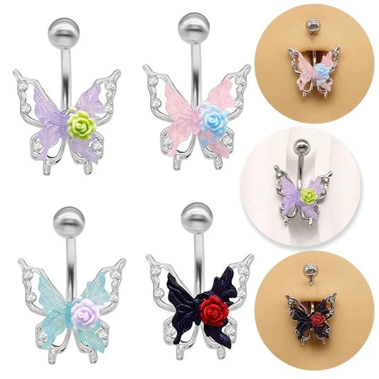 1 Piece Belly Rings Minimalist Classic Style Rose Butterfly 316L Stainless Steel Alloy Plating Inlay Acrylic Rhinestones White Gold Plated