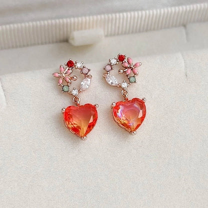 1 Pair Elegant Lady Streetwear Water Droplets Heart Shape Flower Hollow Out Inlay Steel Imitation Pearl Zircon Drop Earrings
