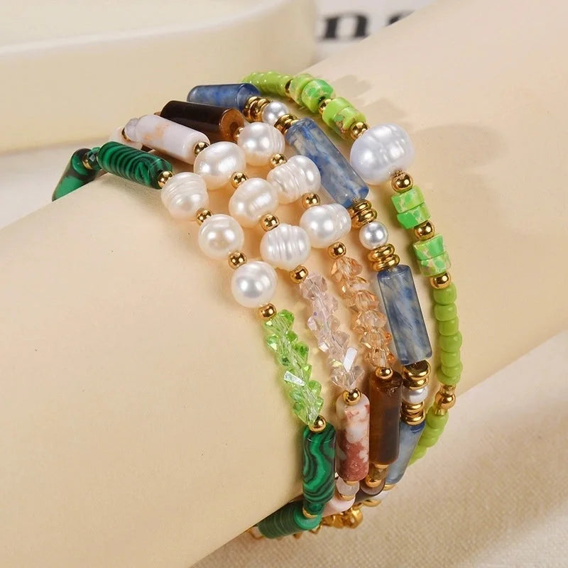 Minimalist Classic Style Round 304 Stainless Steel Natural Stone Bracelets