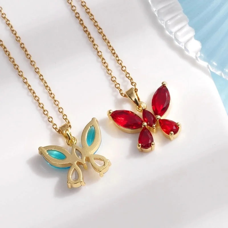 304 Stainless Steel Copper Inlay Butterfly Zircon Pendant Necklace