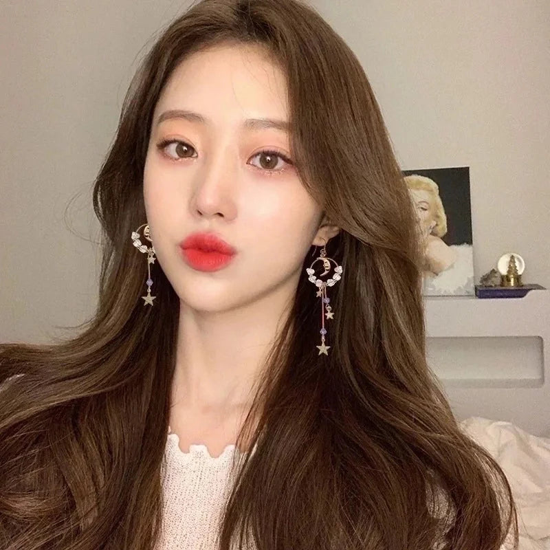 Fashion Geometric Star Flower Imitation Pearl Alloy Tassel Women\'s Drop Earrings 1 Pair