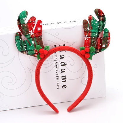 6 Pieces Rl481 Christmas Antler Headband Printed Plaid Fabric Three Styles Antler Headband Christmas Decoration