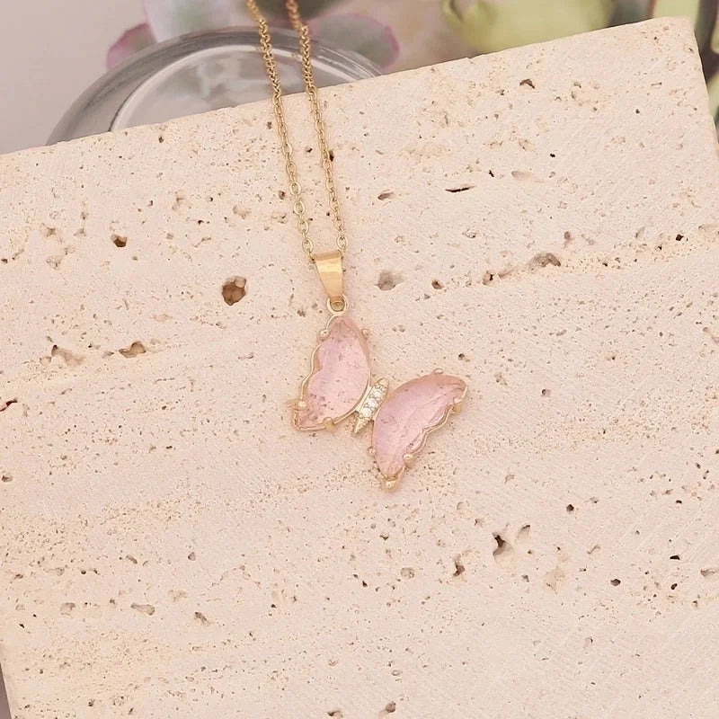 Stainless Steel Glass Copper 18K Gold Plated Cute Butterfly No Inlaid Pendant Necklace