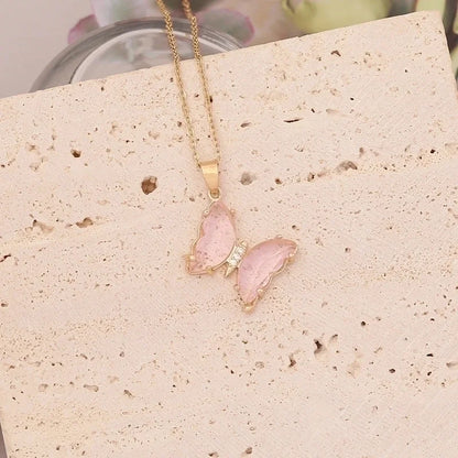 Stainless Steel Glass Copper 18K Gold Plated Cute Butterfly No Inlaid Pendant Necklace