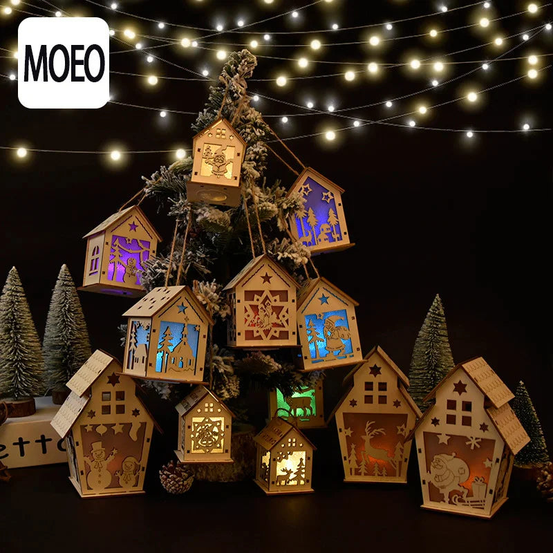 2 Pieces Christmas Decoration Christmas Glowing Wooden House Snow House Tree Decoration Pendant Diy Gift Window Display Wooden