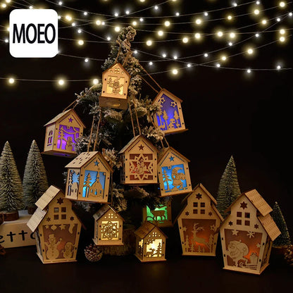2 Pieces Christmas Decoration Christmas Glowing Wooden House Snow House Tree Decoration Pendant Diy Gift Window Display Wooden