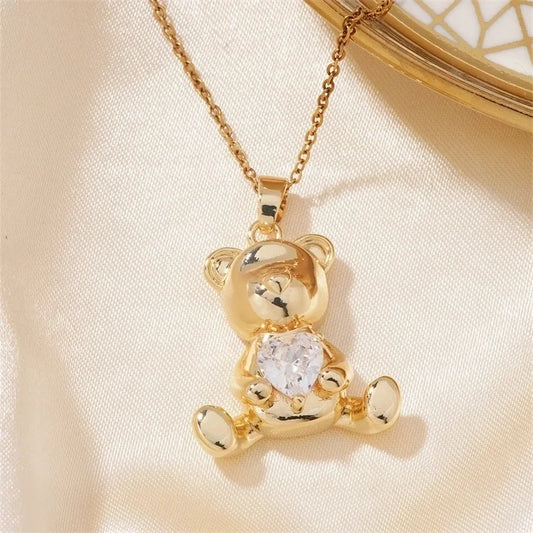 304 Stainless Steel Copper K Gold Plated Cute Sweet Korean Style Three-dimensional Inlay Little Bear Zircon Pendant Necklace