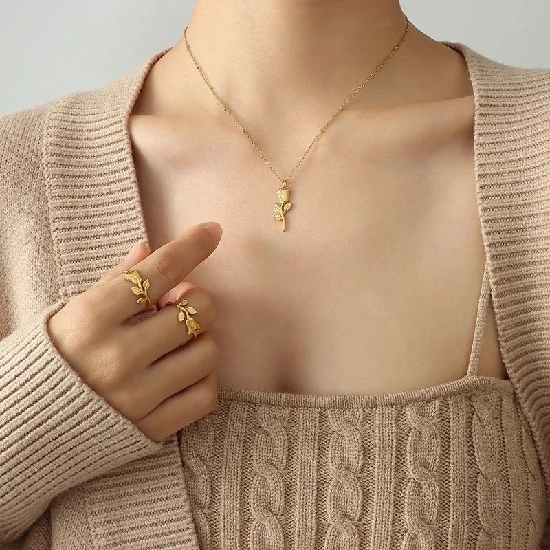 Hip Hop Style Rose Flower Pendant Necklace Ring