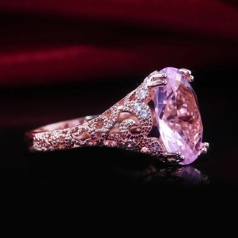 Flower Jewelry Fashion Pink Zircon Jewelry Princess Engagement Rose Gold Copper Ring