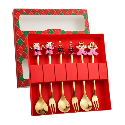 J Christmas Spoon Set Cartoon Colorful Santa Claus Christmas Tree Spoon Fork Coffee Dessert Spoon Gift Box
