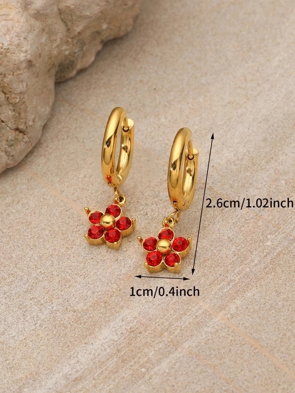 1 Pair Elegant Flower Plating Inlay 304 Stainless Steel Rhinestones 18K Gold Plated Drop Earrings