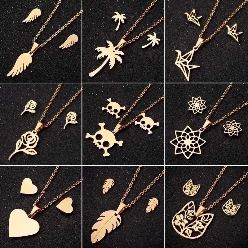 Minimalist Geometric Leaf Heart Shape Stainless Steel Plating Earrings Necklace 1 Set