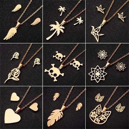 Minimalist Geometric Leaf Heart Shape Stainless Steel Plating Earrings Necklace 1 Set