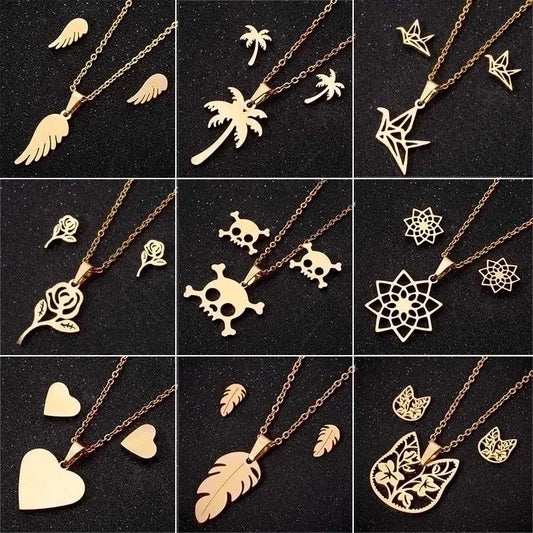 Minimalist Geometric Leaf Heart Shape Stainless Steel Plating Earrings Necklace 1 Set