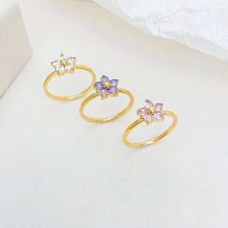 Sweet Minimalist Flower 304 Stainless Steel Zircon White Gold Plated Gold Plated Plating Inlay Rings