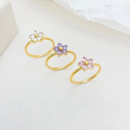 Sweet Minimalist Flower 304 Stainless Steel Zircon White Gold Plated Gold Plated Plating Inlay Rings