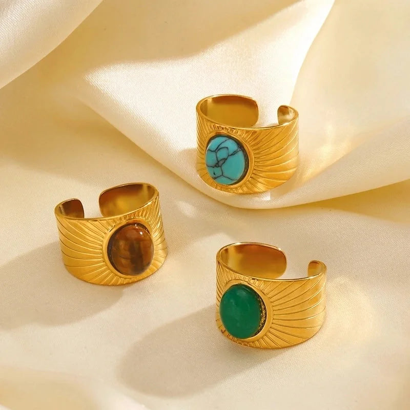 Retro Exaggerated Oval 304 Stainless Steel Natural Stone Turquoise 18K Gold Plated Plating Inlay Open Rings