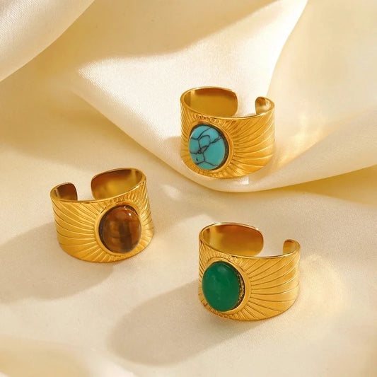 Retro Exaggerated Oval 304 Stainless Steel Natural Stone Turquoise 18K Gold Plated Plating Inlay Open Rings