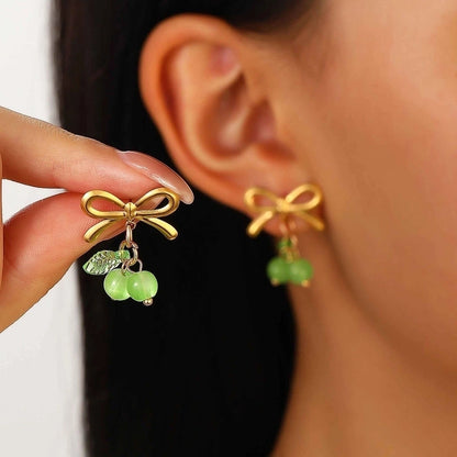 Sweet Minimalist Cherry Bow Knot 304 Stainless Steel Rings Earrings